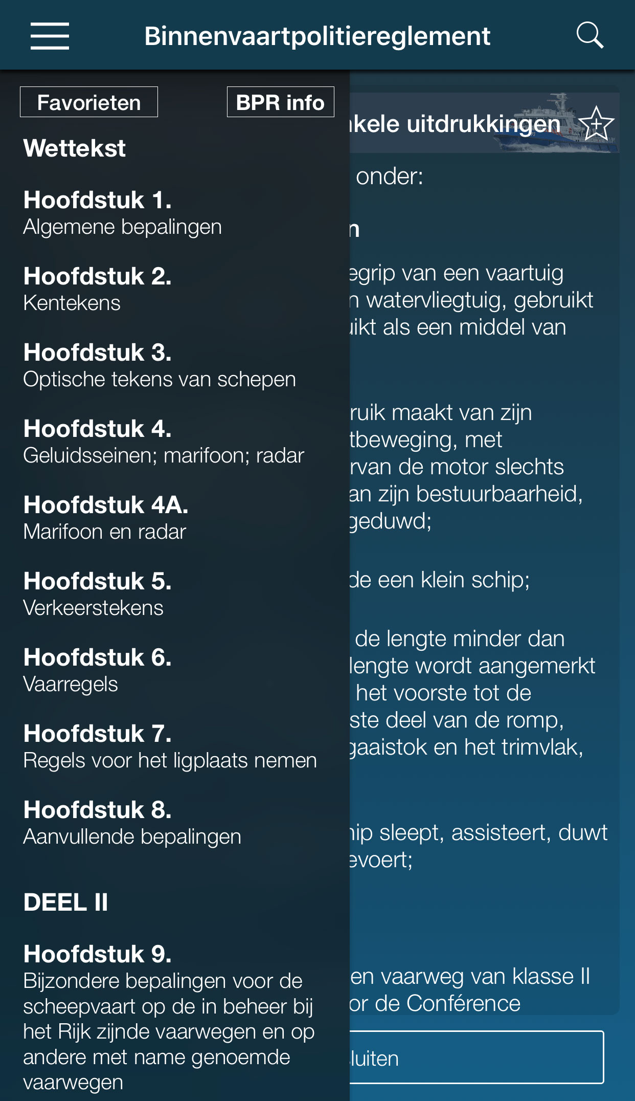 Screenshot Waterkaart Live app: Binnenvaartpolitiereglement BPR